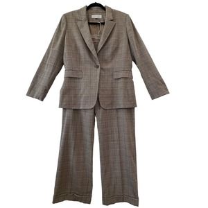 Tahari ASL Suit Set Womens 14 Brown Tan Pantsuit Blazer Wool Houndstooth Chic